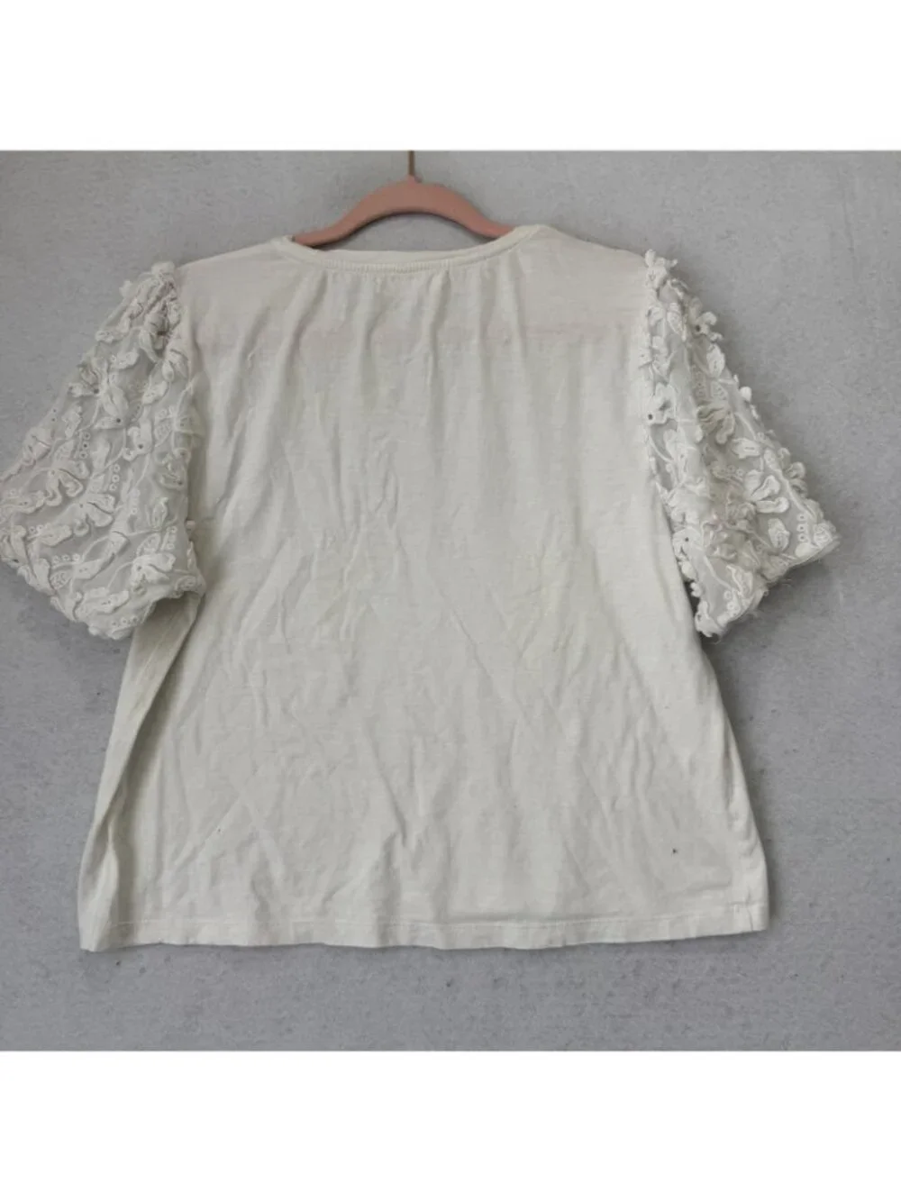 Anthropologie Shirt Womens 12 White Embroidered Sheer Puff Sleeve Jersey Top